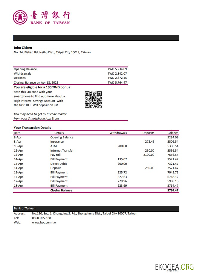 Relevé bancaire de la Banque de Taiwan de Taiwan xls